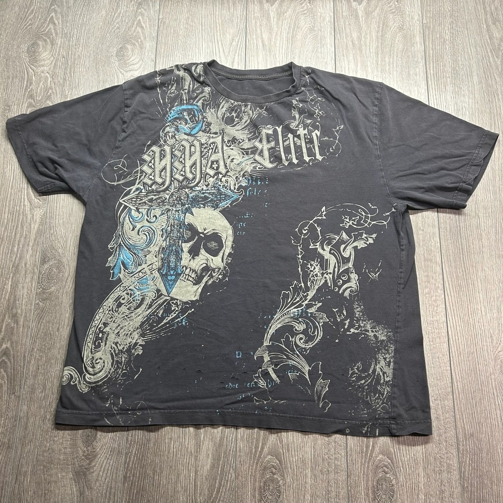 MMA Elite Graphic T-Shirt Mens XL Black Skull Cross Y2K Streetwear Distressed